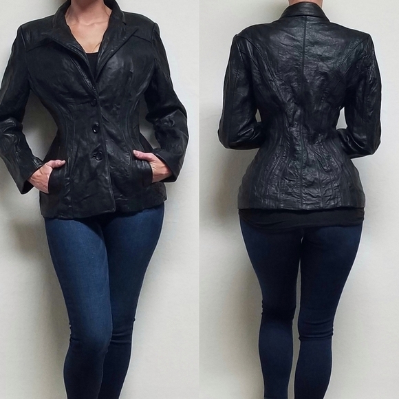 JONES New York Black Crinkled Leather Notched Collar Button Up Moto Jacket Large - Picture 1 of 16
